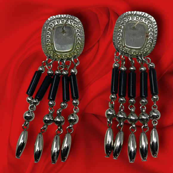 Vintage 1980's Silver Tone Black Enamel Pierced Dangle Earrings Bohemian Tribal - Picture 2 of 5